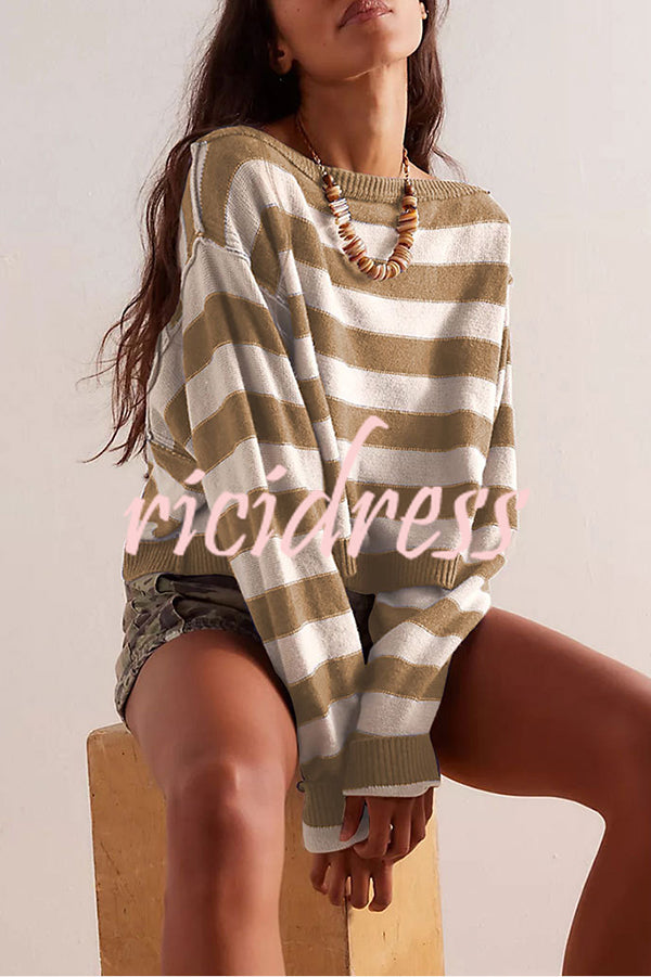 Striped Print Crew Neck Long Sleeve Loose Knitted Sweater