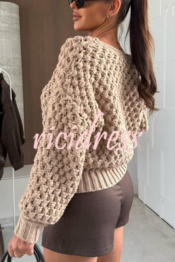Marin Knit Hollow Texture Tie-up Neck Balloon Sleeve Relaxed Cardigan