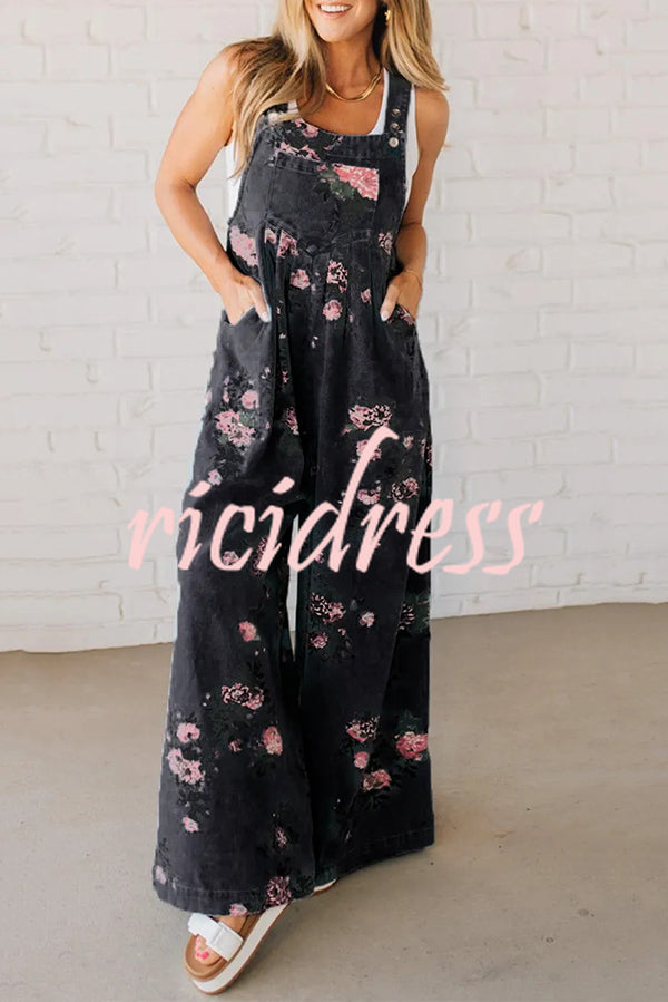 Fashion Floral Print Casual Button Pocket Loose Denim Overalls