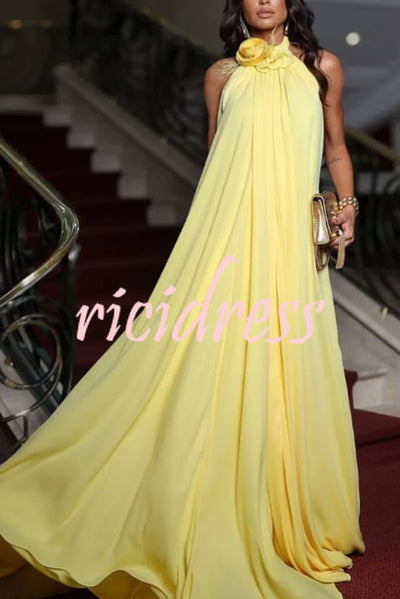 Sunny Horizon Chiffon Flower Feather Pendant Halter Backless Maxi Dress