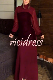 Hildie Chiffon and Two-piece Velvet Lace-up Bra High Neck Long Sleeve Maxi Dress