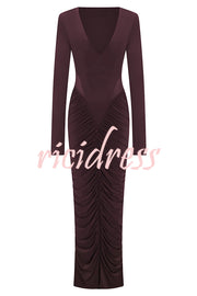 Sexy See-through Long-sleeved V-neck Pleated Slim-fit Maxi Dress