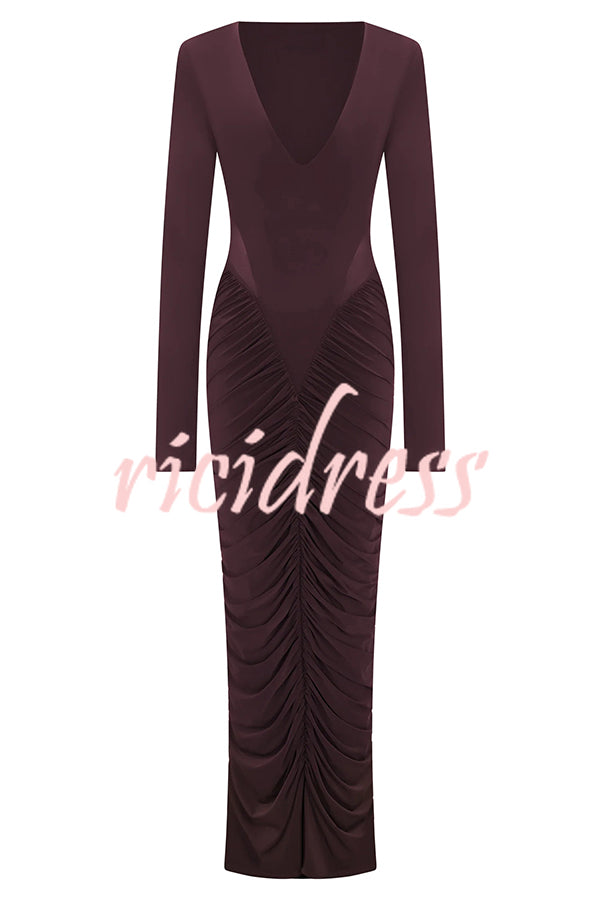 Sexy See-through Long-sleeved V-neck Pleated Slim-fit Maxi Dress