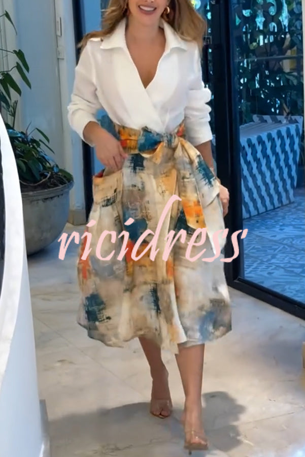 Jiles Linen Blend Unique Contrast Print Long Sleeve Tie-up Pocket Shirt Midi Dress