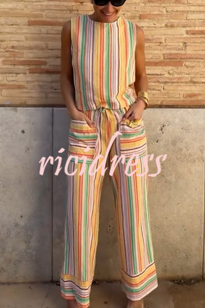 Tylah Linen Blend Colorful Striped Back Button Vest and Elastic Waist Pocket Loose Pants Set