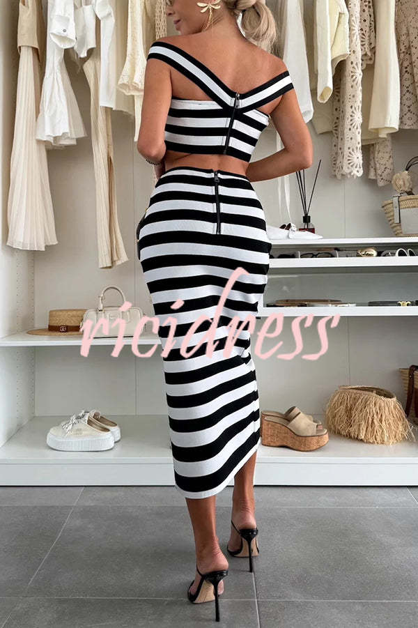 Sexy Elegant Striped Metal Button Off Shoulder Top and High Rise Slit Stretch Skirt Set