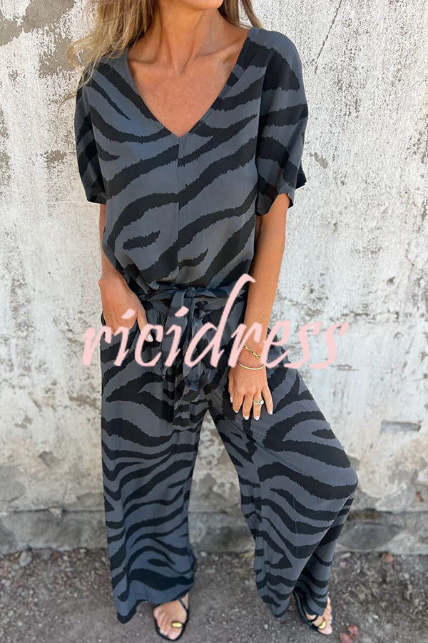 Zebra Print V-neck Short-sleeved Lace-up Top and Elastic Waist Pocket Straight-leg Pants Set