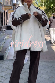 Fashion Sports Stripe Print and Ribbed Embroidered Long Sleeve Zipper Stand Nack Pocket Plush Coat
