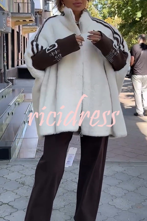 Fashion Sports Stripe Print and Ribbed Embroidered Long Sleeve Zipper Stand Nack Pocket Plush Coat