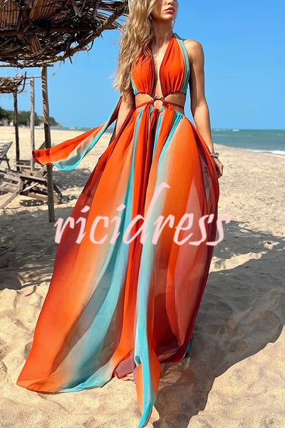 Variety of Styles Tulle Printed Ring Hollow Design Slit Vacation Maxi Dress