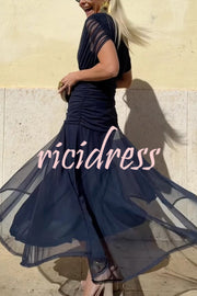 Unique Printed V-Neck Waisted Mesh Holiday Maxi Dress