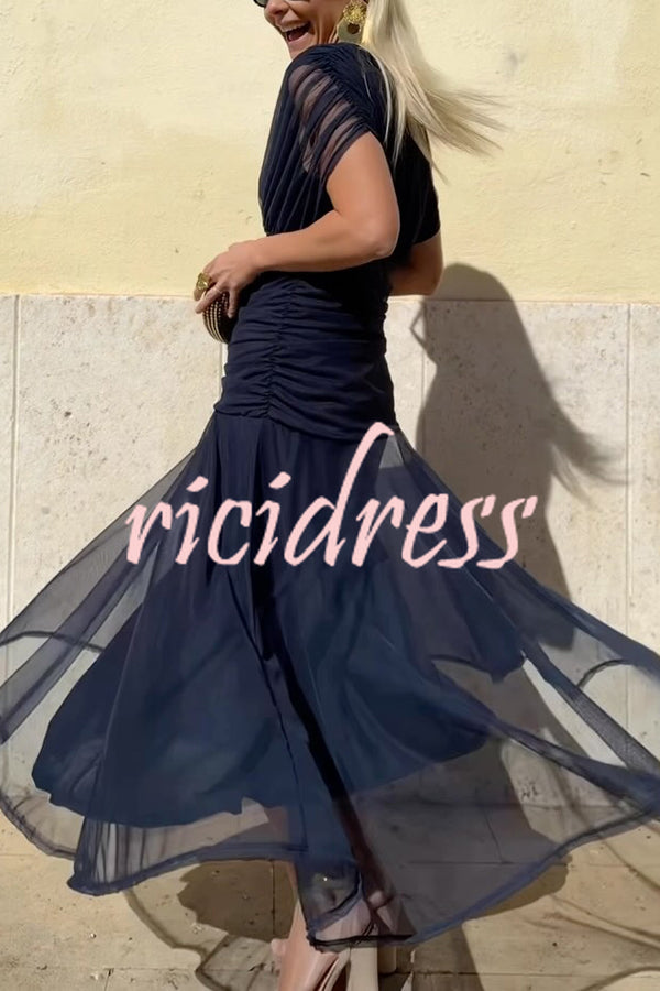 Unique Printed V-Neck Waisted Mesh Holiday Maxi Dress