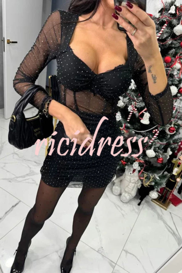 Gaze Mesh Glitter Fabric Sweetheart Neck Long Sleeve Stretch Mini Dress