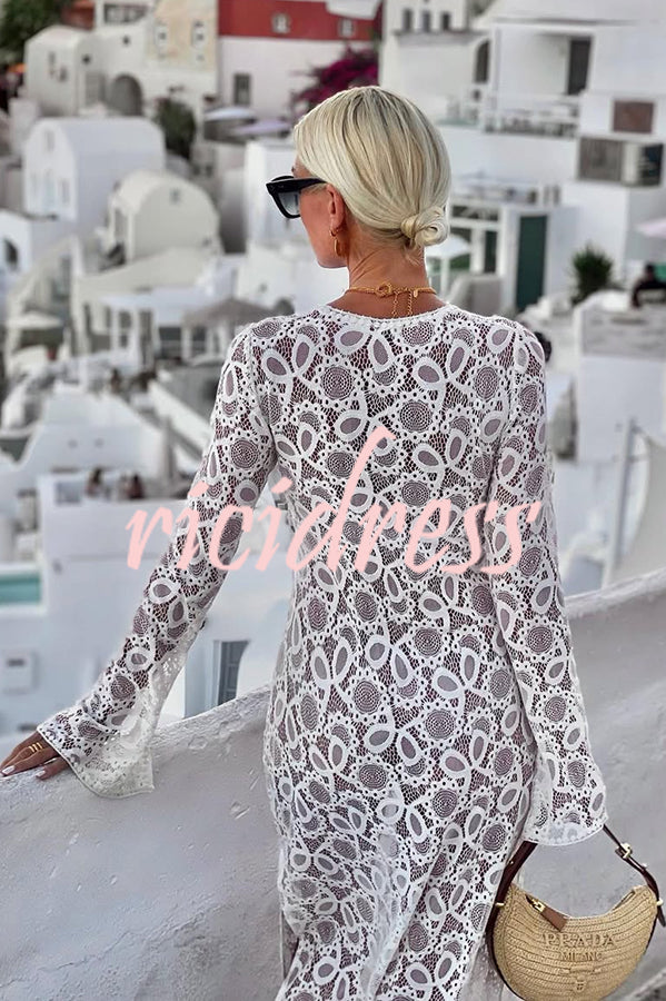 Santorini Sunset Floral Lace Long Sleeve Slit Vacation Maxi Dress