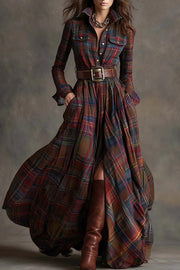 Retro Plaid Print Lapel Long-sleeved Pocket Maxi Dress