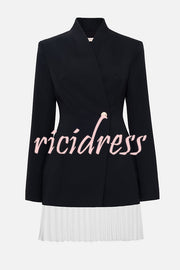 Fashionable Contrast Color Elegant Long Sleeve Pleated Suit Mini Dress