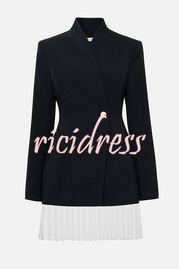 Fashionable Contrast Color Elegant Long Sleeve Pleated Suit Mini Dress