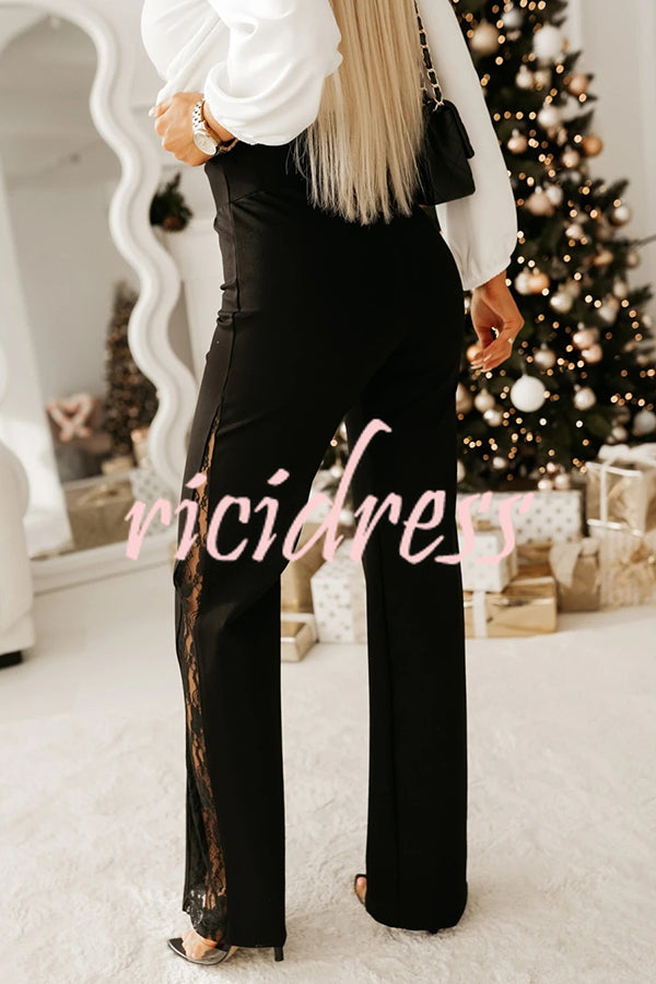 Joelie High Rise Elastic Waistband Side Lace Patchwork Flare Pants
