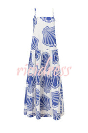 Linen Blend Shell Print Loose Strappy Resort Style Maxi Dress