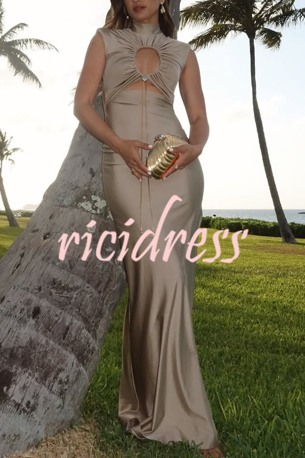 Genis Hollow Elastic Bust High Neck Sleeveless Gathered Maxi Dress