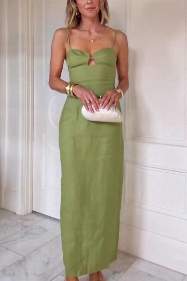 Sharyn Linen Blend Bodice Cutout Back Tie-up Slit Slip Maxi Dress