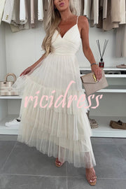 Romantic Movie Tulle Ruched Tiered Hem Slip Maxi Dress