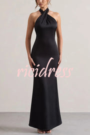 Solid Color Halter Neck Tie Sexy Backless Slim Maxi Dress