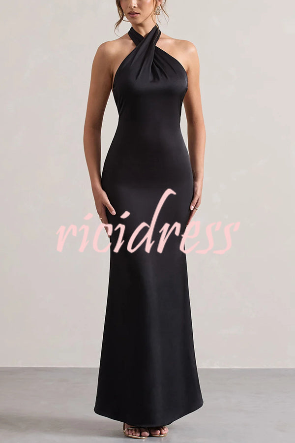 Solid Color Halter Neck Tie Sexy Backless Slim Maxi Dress
