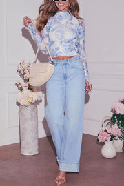 Floral Print Long-sleeved Stand-up Collar Casual Slim-fit Top
