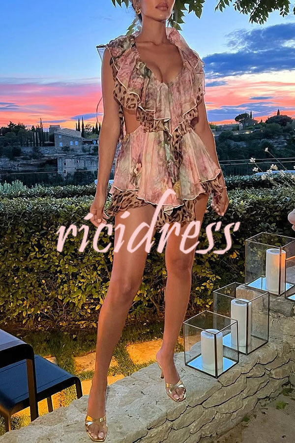 Dreamy Island Floral Leopard Print Cutout Waist Tiered Ruffles Mini Dress