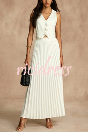 Stylish Rosette Sleeveless Tank Top and Pleated Maxi Skirt Set