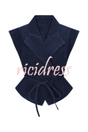 Charley Denim Button Up Cap Short Sleeve Structured Tie-up Lapel Top