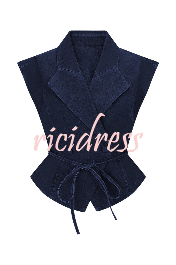 Charley Denim Button Up Cap Short Sleeve Structured Tie-up Lapel Top