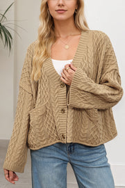 Solid Color Loose V-neck Long-sleeved Casual Pocket Knitted Cardigan