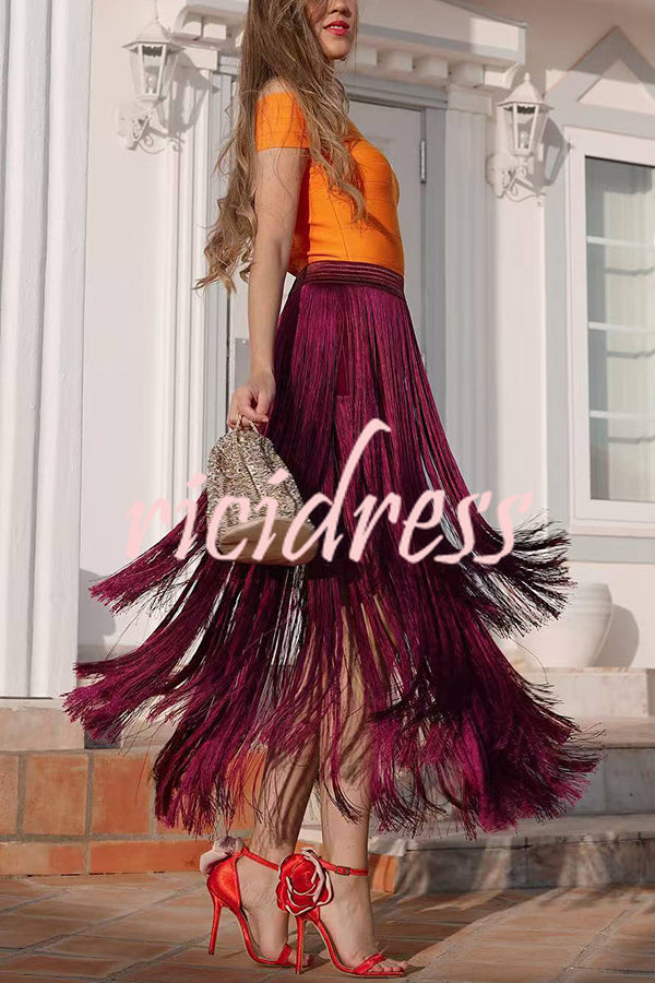 Elegant Tassel Hem Elastic Waist Casual Maxi Skirt