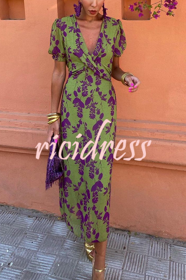 Botanical Print V-neck Puff Sleeve Tie Waist Midi Dress