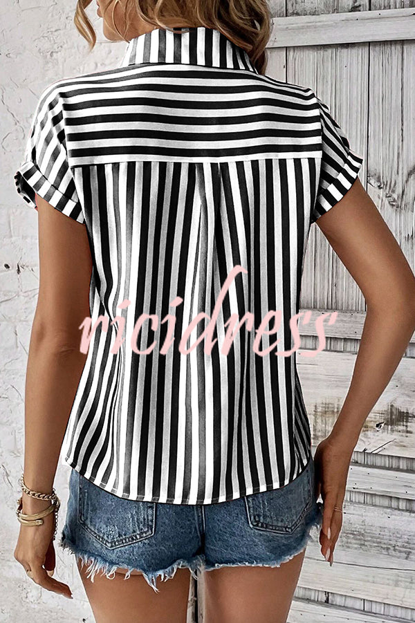 Striped Print Short Sleeve Pocket Shirt Top