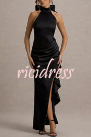 Maureen Satin High Neck Ruched Ruffle Slit Draped Maxi Dress