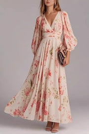 Floral Print Lantern Sleeves V-neck Waist Casual Maxi Dress