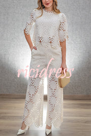 Eliose Scallop Cutout Embroidery Lace Elastic Waist Pocket Loose Pants