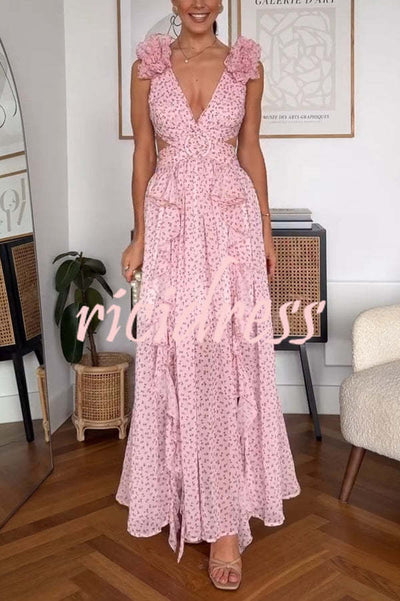 Wedding Dreams Chiffon Printed Flutter Sleeve Cutout Back Lace-up Maxi Dress