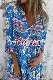 Ethnic Floral Print V-neck Loose Pocket Mini Dress