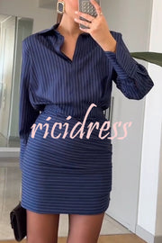 Simple and Sexy Stripe Print Long Sleeve Ruched Hem Shirt Mini Dress