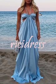Cinderella Dream Satin Stone Ring Detail Cutout Halter Drape Maxi Dress