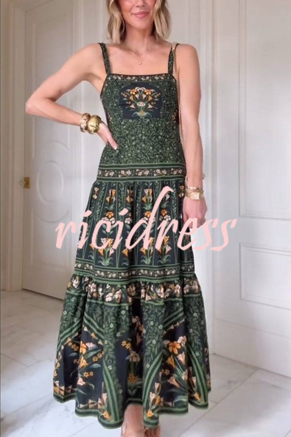 Tropical Look Linen Blend Floral Print Square Neck Back Smocked Midi Dress