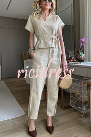 Emory Linen Blend Tie-up Short Sleeve Top and Elastic Waist Pocket Button Hem Pants Set