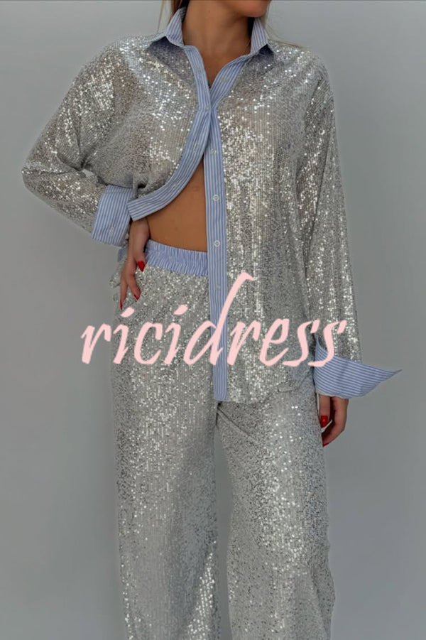 Fashion Sequined Loose Long-sleeved Shirt and Casual Elastic Waist Wide-leg Pants Set
