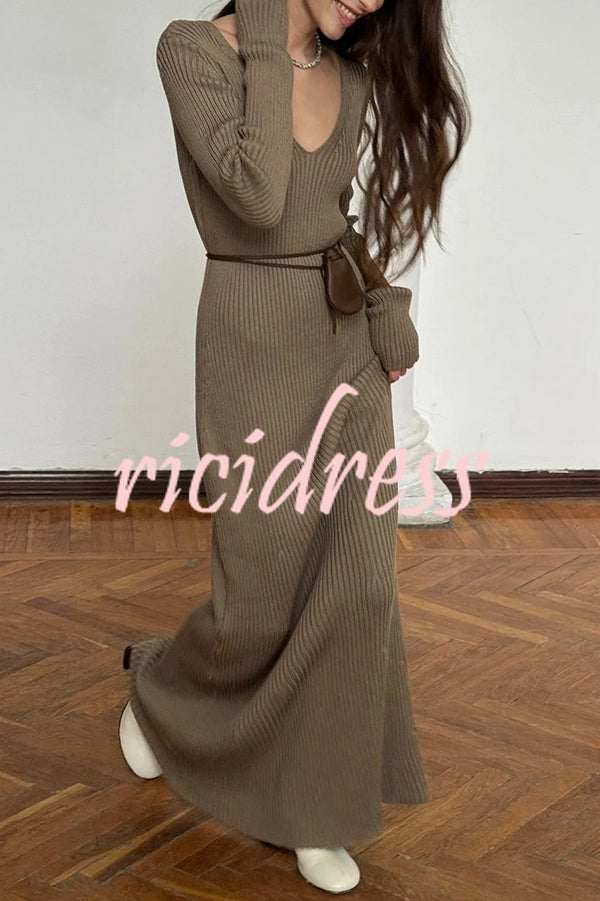 Solid Color V-neck Long-sleeved Slim-fit Elegant Knit Maxi Dress