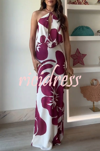 Leslie Flower Print Halter Cutout Cowl Neck Backless Maxi Dress