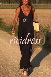 Solid Color V-neck Sleeveless Casual Loose Maxi Dress